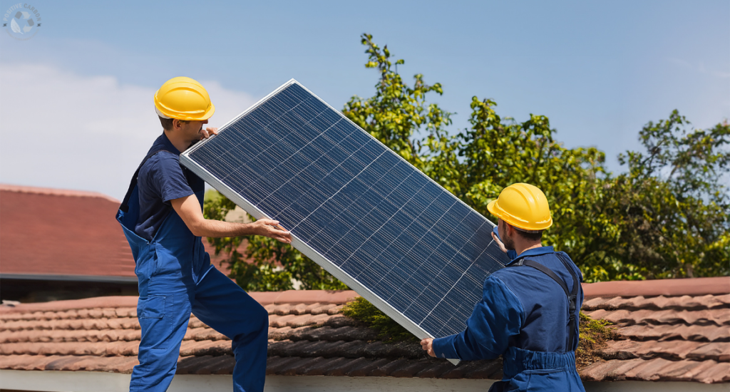 Two workers in safety gear are installing a large solar panel on a residential rooftop under clear daylight.
