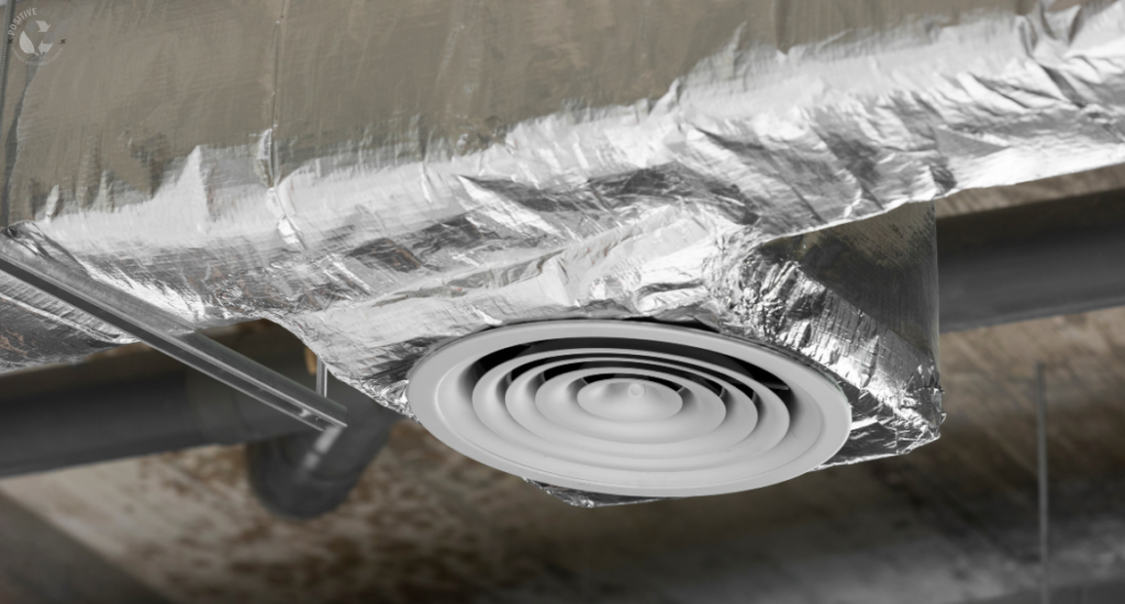 Insulated air conditioning duct with circular ceiling diffuser designed for efficient airflow and zoning control.