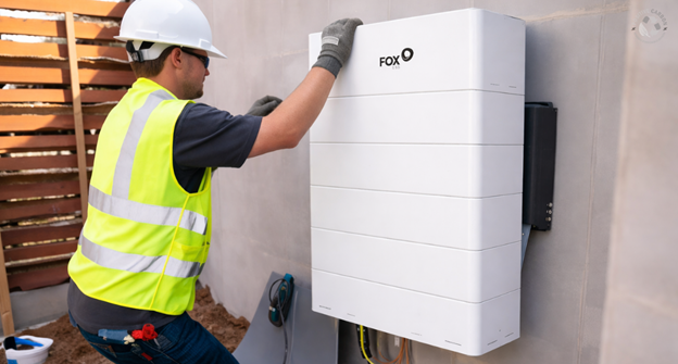 Technician installing a wall-mounted lithium-ion solar battery system for residential energy storage. 