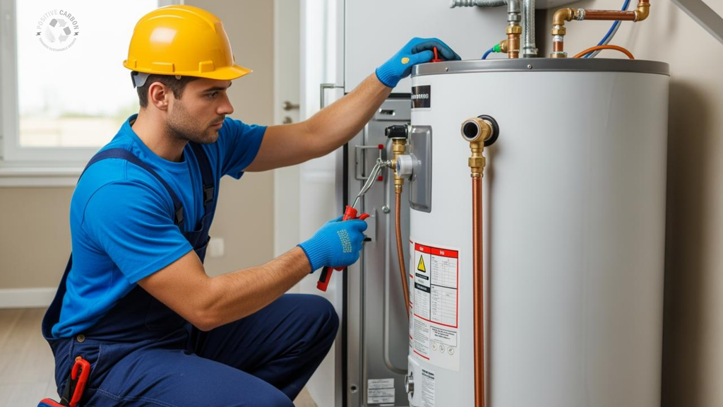 Installer installing an energy-efficient hot water system at a Victorian home