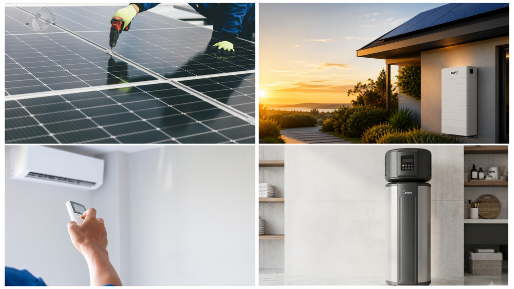 Positive Carbon energy upgrades including solar panels, battery storage, reverse cycle air conditioning, and heat pump hot water systems.